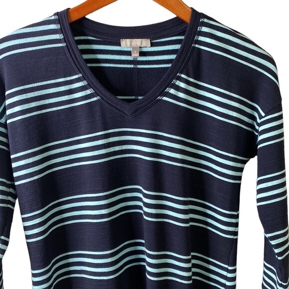 Talbots T by Talbots V-Neck Cotton Modal Stripe Dress Indigo/Gulf Stream Terry - Picture 4 of 16